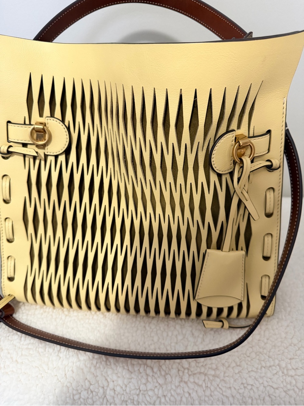 Tory Burch Yellow Woven Satchel with Brown Handle - Picture 3 of 10